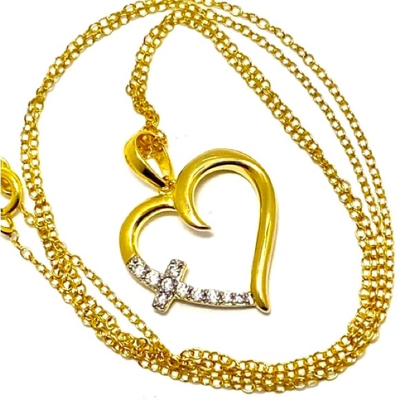 18k Cross + Heart Pendant Sterling Silver 0.10ct Diamonique Diamond Necklace